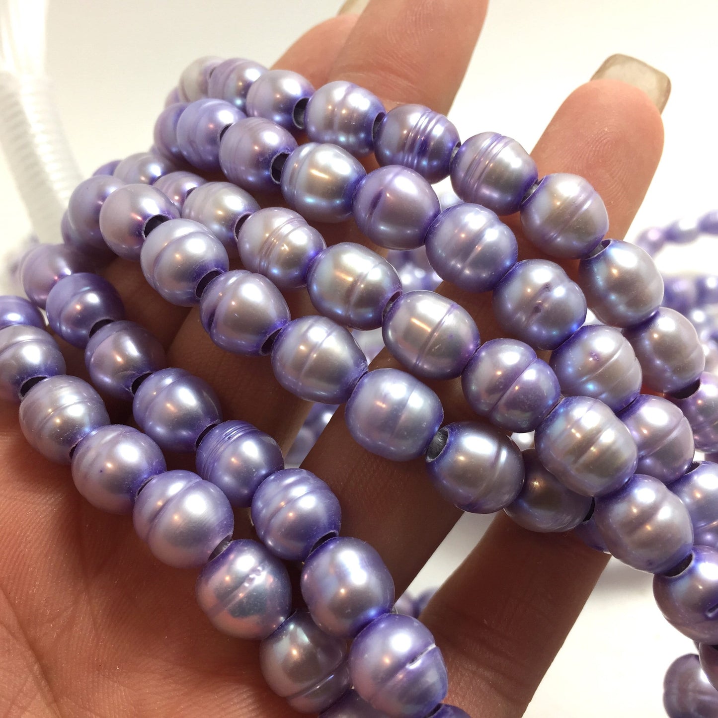 Large Hole Pearls 8-8.5mm Purple Rice Shape Freshwater Pearls, 8 inches with 2.5mm Hole, LH054