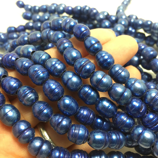 Large Hole Pearls 8-8.5mm Blue Rice Shape Freshwater Pearls, 8 inches with 2.5mm Hole, LH076