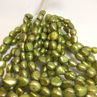 Large Hole Pearls, 8-9mm Nugget Rice Shape, Green Color Freshwater Pearls, 8 inches strand with 2.5mm Hole Size, LH052