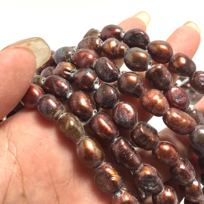 Large Hole Pearls, 8-9mm Nugget Rice Shape, Chocolate Color Freshwater Pearls, 8 inches strand with 2.5mm Hole Size, LH065
