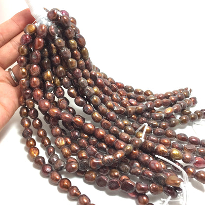 Large Hole Pearls, 8-9mm Nugget Rice Shape, Chocolate Color Freshwater Pearls, 8 inches strand with 2.5mm Hole Size, LH065