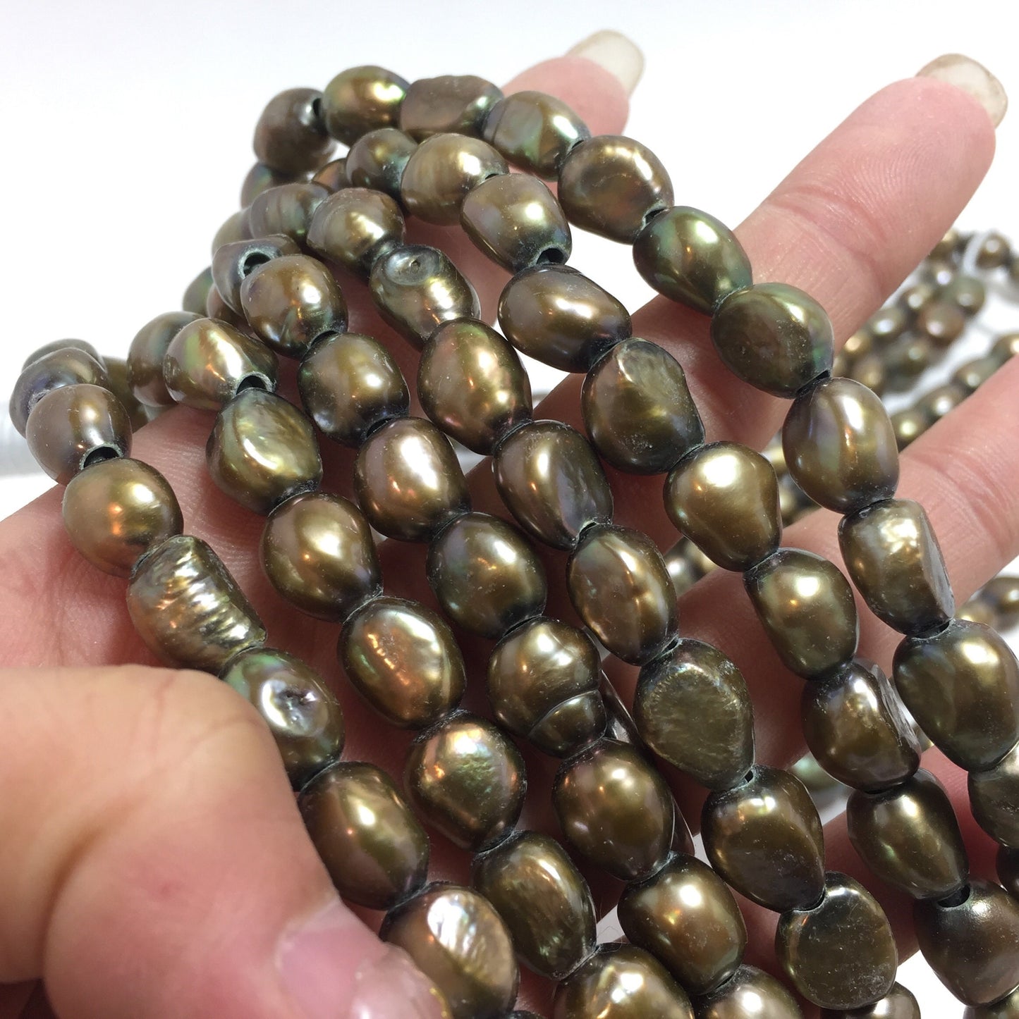 Large Hole Pearls, 8-9mm Nugget Rice Shape, Green Color Freshwater Pearls, 8 inches strand with 2.5mm Hole Size, LH059