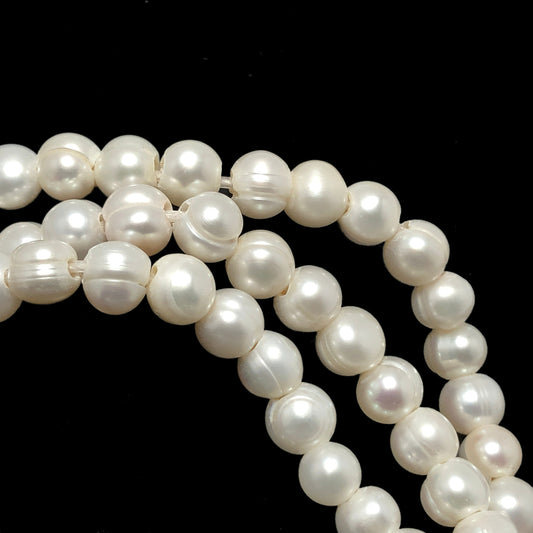 Large Hole Pearls 8-9mm, Off Round Freshwater Pearls White, 8 inches with 2.5mm Hole, SKU # 1638FW