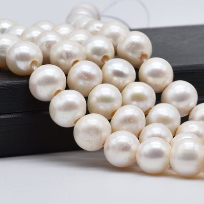 Big Hole Pearls, Freshwater Pearl Beads 10.5-11mm White Color Round, For Jewelry Making Pearls, 8 inches with 2.5mm Hole, SKU# LHRD009