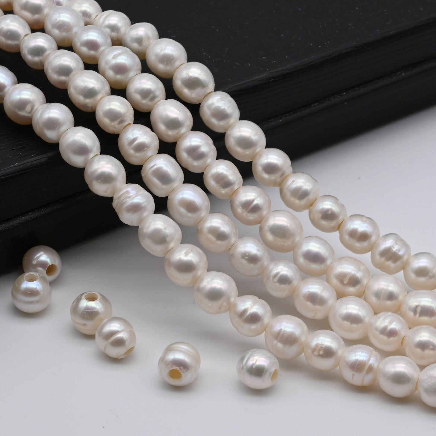 White Large Hole Pearls Beads, Freshwater Pearl Strand, Real Pearls with 2.5mm Hole, 7.5-8mm Off Round, SKU# 1635FW