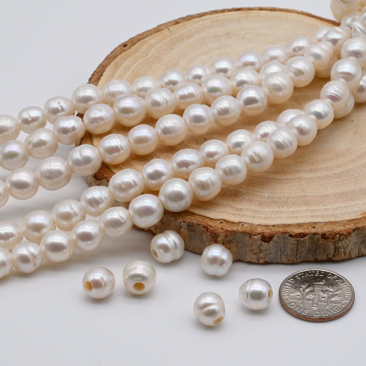 White Large Hole Pearls Beads, Freshwater Pearl Strand, Real Pearls with 2.5mm Hole, 7.5-8mm Off Round, SKU# 1635FW