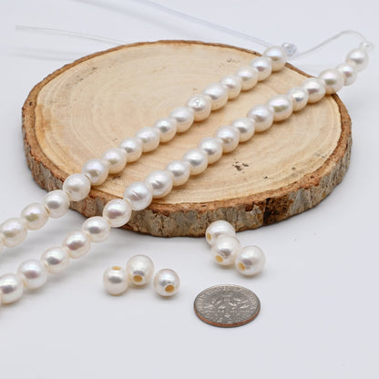 Freshwater Large Hole Pearl Beads, 7.5-8mm White Color Off Round, For Jewelry Making, 7.5 inches with 2.5mm Hole, SKU# LHRD010