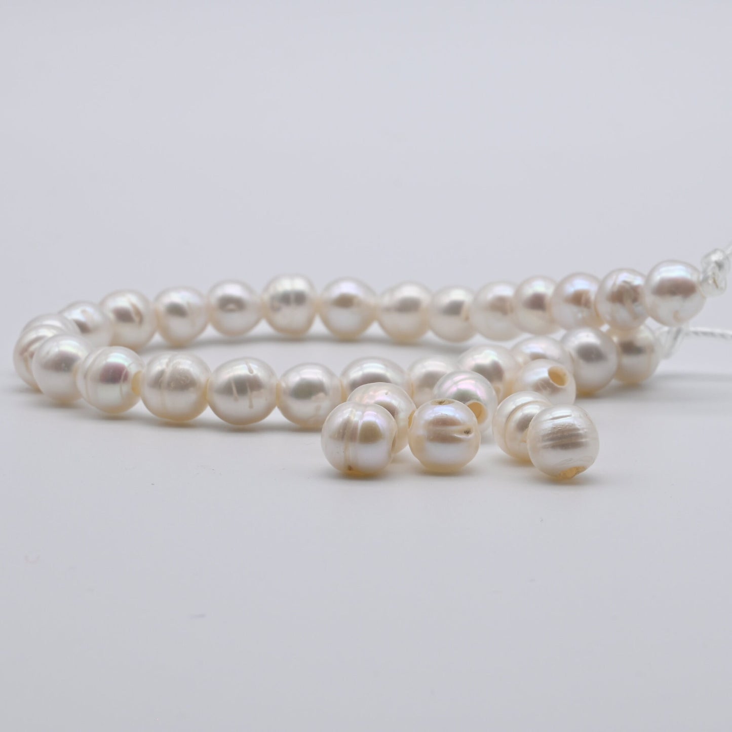 White Large Hole Pearls Beads, Freshwater Pearl Strand, Real Pearls with 2.5mm Hole, 7.5-8mm Off Round, SKU# 1635FW