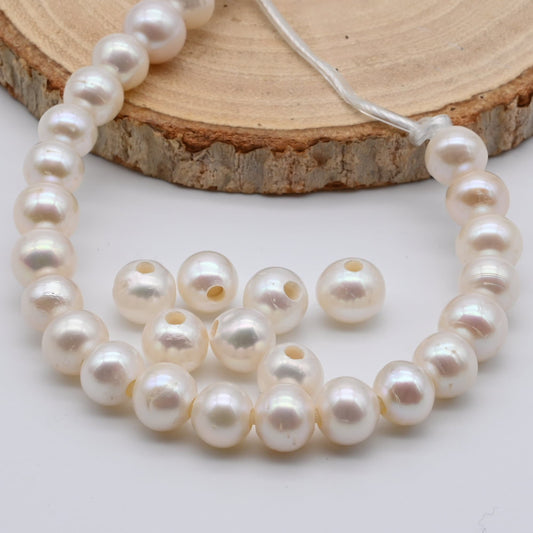 8.5-9mm Large Hole Round Pearls, Real Freshwater Pearl Strand, Genuine Pearl Beads in White Color,  Big Hole Bead in 2.5mm Hole, SKU#LHRD012