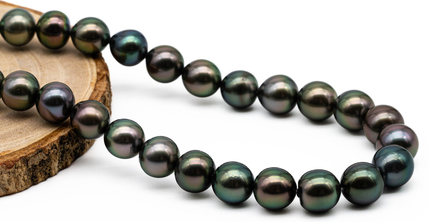 10-11mm Peacock Tahitian Pearl, Round Black Pearl Strand Bead, High luster with limited Blemish, For Jewelry Making, SKU# 1033TH