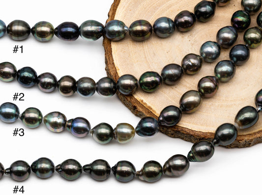 Black Tahitian Pearl Strand, Tear drops Pearl with High Luster and Blemishes, For Jewelry Making, 9-9.5mm Full Strand, SKU# 1056TH