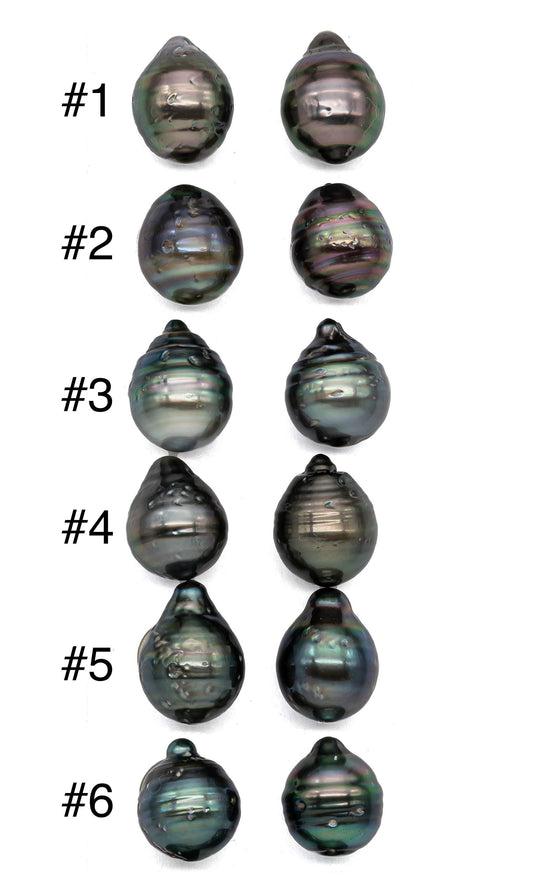 Teardrop Tahitian Pearl Circle Loose Pair Dark Color with High Luster and Blemishes, 11-11.5mm Undrilled Loose Pearls, SKU# 1065TH