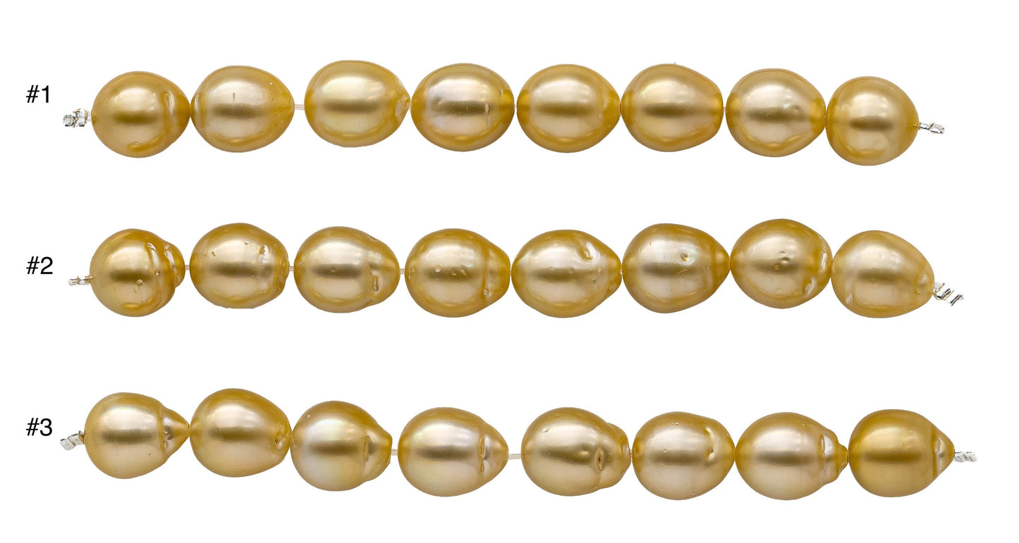 Golden Southsea Pearl Tear Drops in Natural Color with Nice Luster and Blemishes in 4 Inches Strand for Jewelry Making, 10-11mm, SKU#1107GS