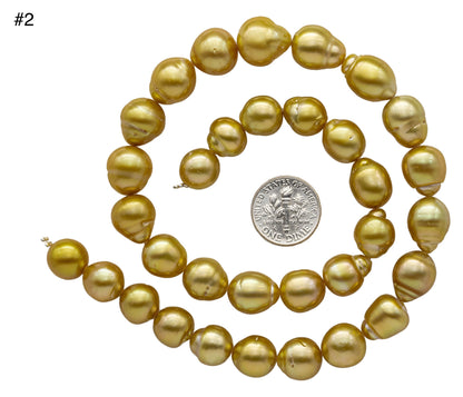 Golden South Sea Pearl Teardrops or Near Round Full Strand Natural Color with Beautiful Luster and Blemishes, 10-13mm, SKU#1109GS