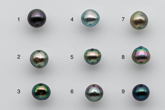 8-9mm Loose Tahitian Pearl Near Round or Teardrops with High Luster and Natural Color in Single Piece Predrilled Hole, SKU # 1380TH