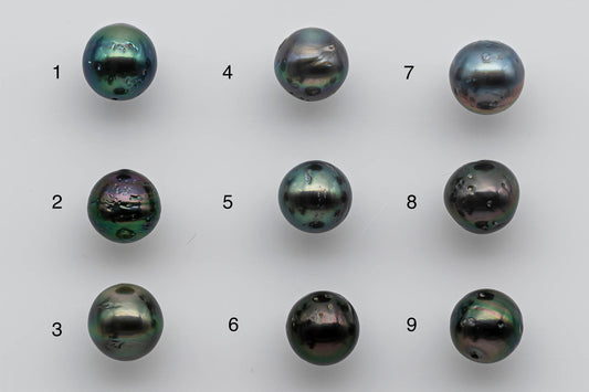 9-10mm Loose Tahitian Pearl Near Round Natural Colors and High Luster with Blemishes in Single Piece Predrilled Hole, SKU # 1382TH