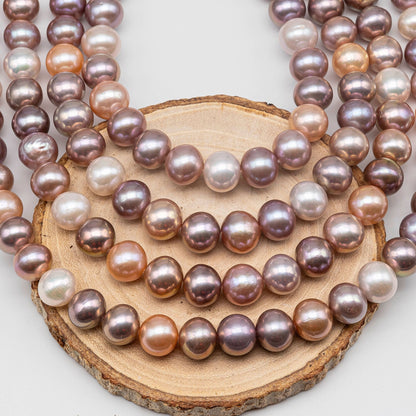 10-12mm Near Round Edison Pearl in Natural Multi-Color in Full Strand, Freshwater Pearl Bead Potato Shape with High Luster, SKU # 1423EP