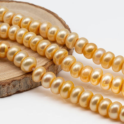 9-10mm Large Hole Bead in Yellow Color, Freshwater Pearl Button Shape with 2.5mm Hole in 8 inch Strand for Jewelry Making, SKU # 1555FW