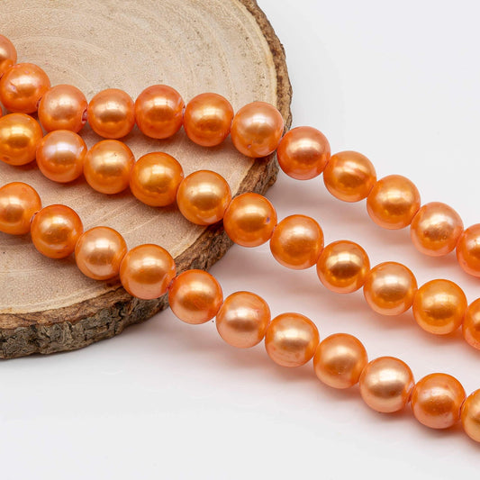 9-10mm Large Hole Bead in Orange Color, Freshwater Pearl Round Shape with 2.5mm Hole in 8 inch Strand for Jewelry Making, SKU # 1557FW