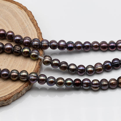 8-9mm Peacock Purple Large Hole Pearl Bead with Potato Shape with Line, 2.5mm Hole in 8 Inch Stand for Jewelry Making, SKU # 1584FW