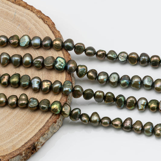 7-8mm Freshwater Pearl Nugget Shape Olive Green with Nice Luster in Full Strand for Making Jewelry, SKU # 1587FW
