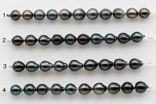 8-9mm Teardrop Tahitian Pearl with High Luster and Natural Color in Short Strand with Minor Blemishes for Jewelry Making, SKU # 1528TH