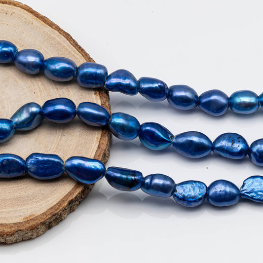 9-11mm Big Hole Bead in Royal Blue, Freshwater Pearl Nugget Rice Shape with 2.5mm Hole in 8 Inch Strand for Making Jewelry, SKU # 1571FW