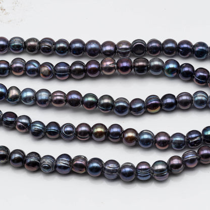 7-8mm Peacock Blue Large Hole Pearl with Lines in Potato Shape with 2.5mm Hole in 8 Inch Stand for Jewelry Making, SKU # 1579FW