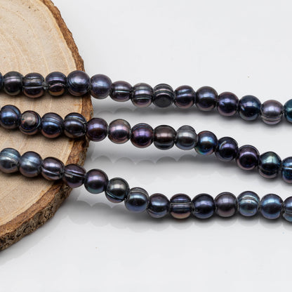 7-8mm Peacock Blue Large Hole Pearl with Lines in Potato Shape with 2.5mm Hole in 8 Inch Stand for Jewelry Making, SKU # 1579FW