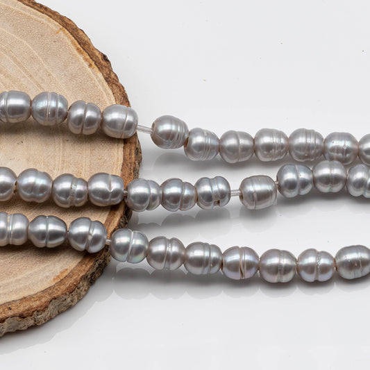 8-10mm Silver Large Hole Pearl in Rice Shape with Line, 2.5mm Hole in 8 Inch Strand for Beading, SKU # 1580FW