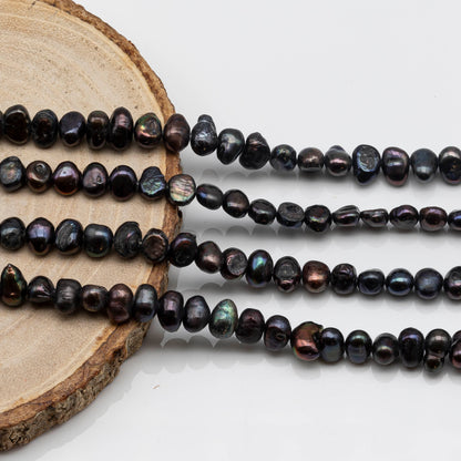 7-8mm Black Freshwater Pearl Bead Nugget Shape in Full Strand for Jewelry Making, SKU # 1619FW