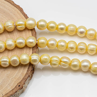 8-9mm Large Hole Freshwater Pearl Bead in Yellow Color in 8 Inch Strand for Jewelry Making, SKU # 1628FW
