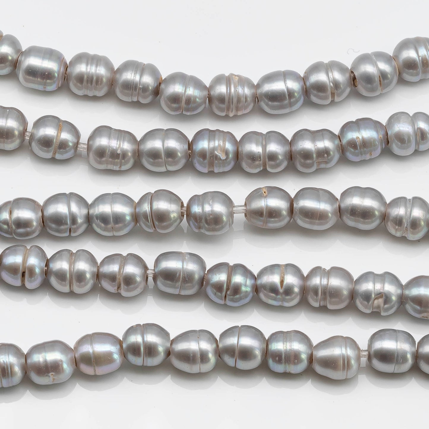 8-10mm Silver Large Hole Pearl in Rice Shape with Line, 2.5mm Hole in 8 Inch Strand for Beading, SKU # 1580FW