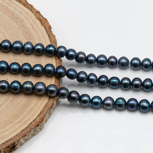 6-8mm Round Freshwater Pearl Beads in Peacock Blue Color with High Luster for Jewelry Making, SKU # 1621FW