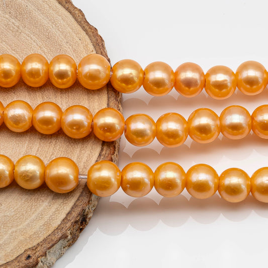 8-10mm Orange Freshwater Pearl Bead Large Hole Round with High Luster in 8 Inch Strand for Jewelry Making, SKU # 1627FW