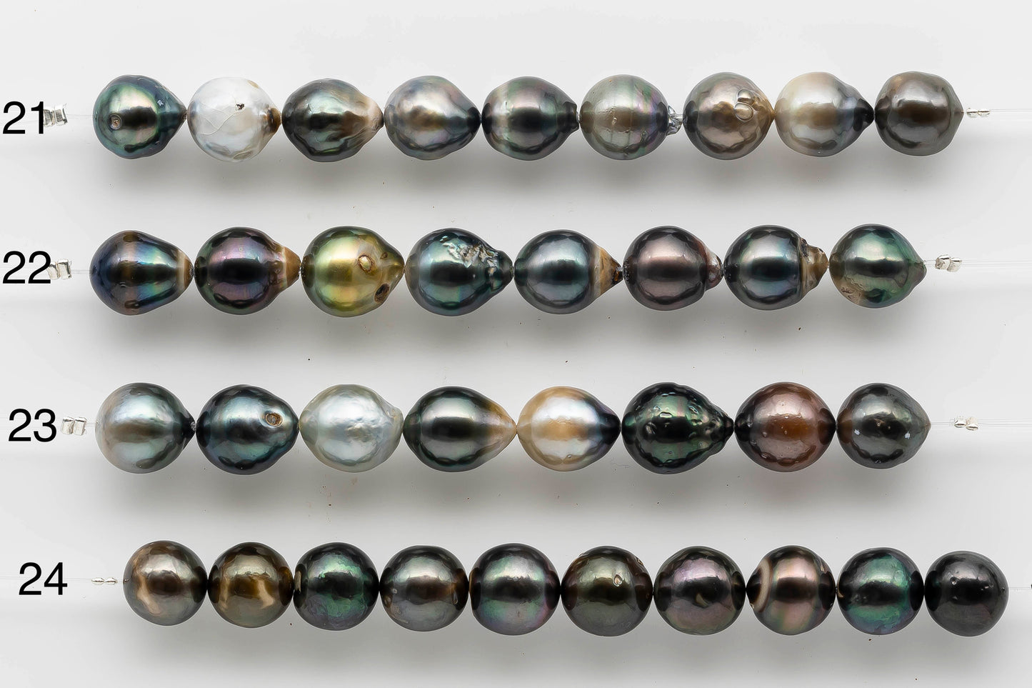 Teardrop Tahitian Pearl in 4 inch strand with natural colors.